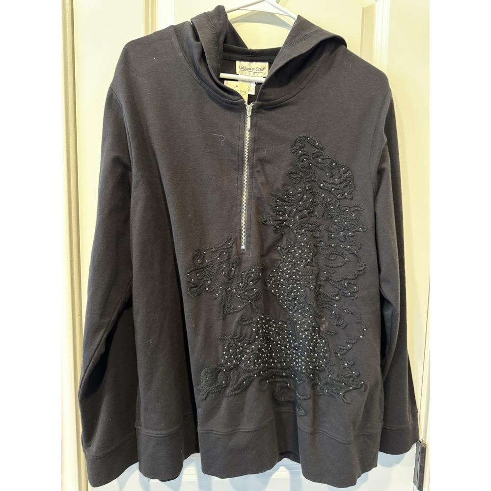 Coldwater Creek Women's 1X Black Embellished Zip Hoodie Sweatshirt NWT